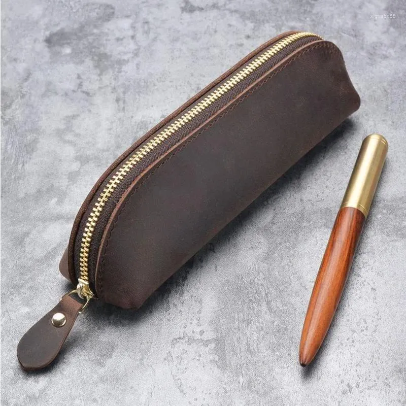 Retro Leder Bleistift Tasche Schreibwaren Halter Stift Fall Lagerung Zipper Münzfach Box Schule Büro Business Liefert Geschenk