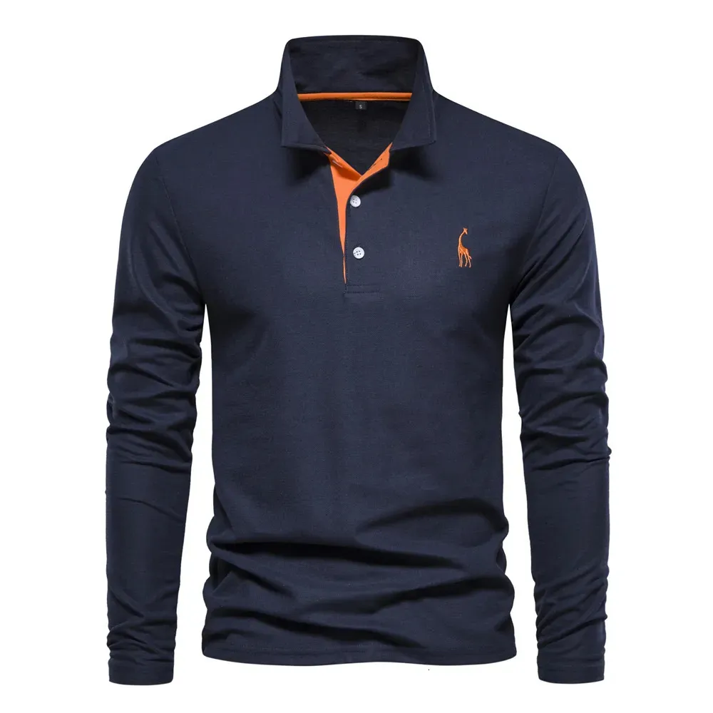 Men's Polos AIOPESON Men's Deer Embroidery Polo Shirts Solid Color Long Sleeve Social Business Male 231205