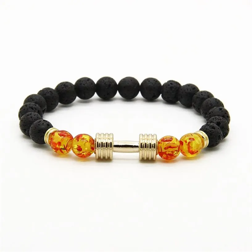 Herenarmbanden Hele nieuwe ontwerpen Metalen nieuwe barbell 8 mm amber kralen lavasteen steen fitness mode halter bracelets242v