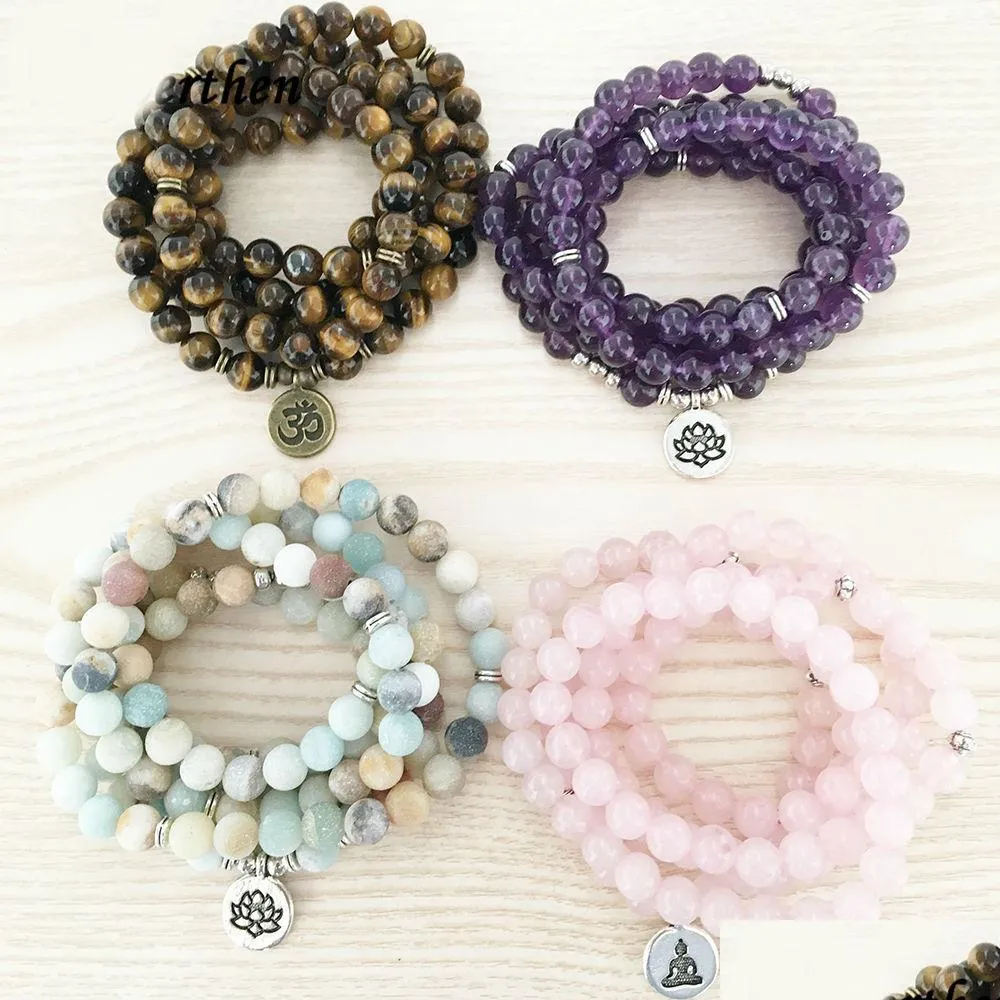 Charme Pulseiras Pulseira de Pedra Natural 108 Mala Yoga Colar Matte Jóias Drop Delivery Dhvlw