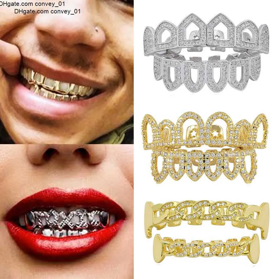 Hip 18K Gold Hop Volldiamant Hohlz hne Grillz Dental Iced Out Fang Grills Hosentr ger Zahnkappe Vampire Cosplay Rapper Schmuck Gro handel