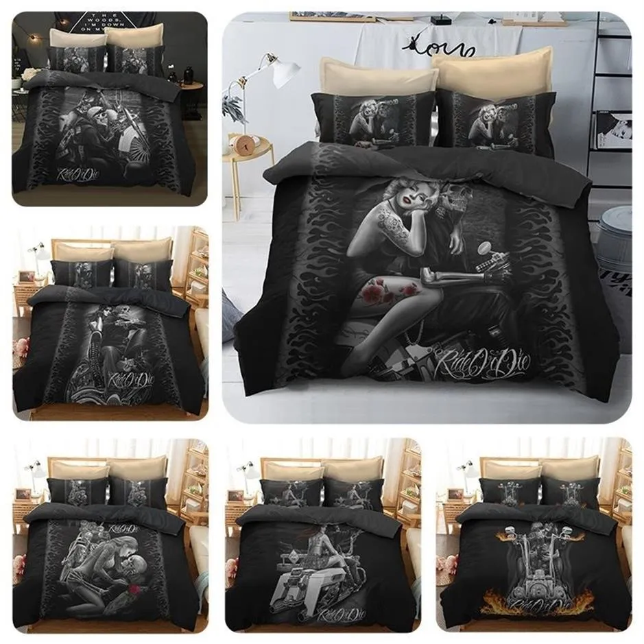 3D Women And Skull Bedding Sets Sugar Skull And Motorcycle Duvet Cover Bed Cool Skull Print Black Bedclothes Bedline Y200417273L