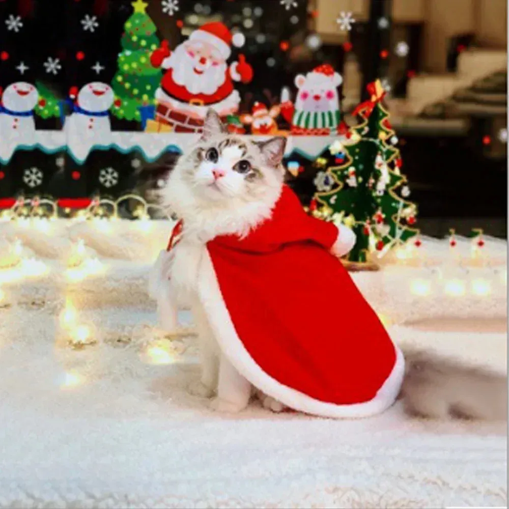 Vêtements pour chiens Chat Noël Cape à capuche Cape Costume de Noël pour animaux de compagnie Chat Santa Outfit Chiot Chaton Année Vêtements Cosplay Robe pour la fête de Noël 231205