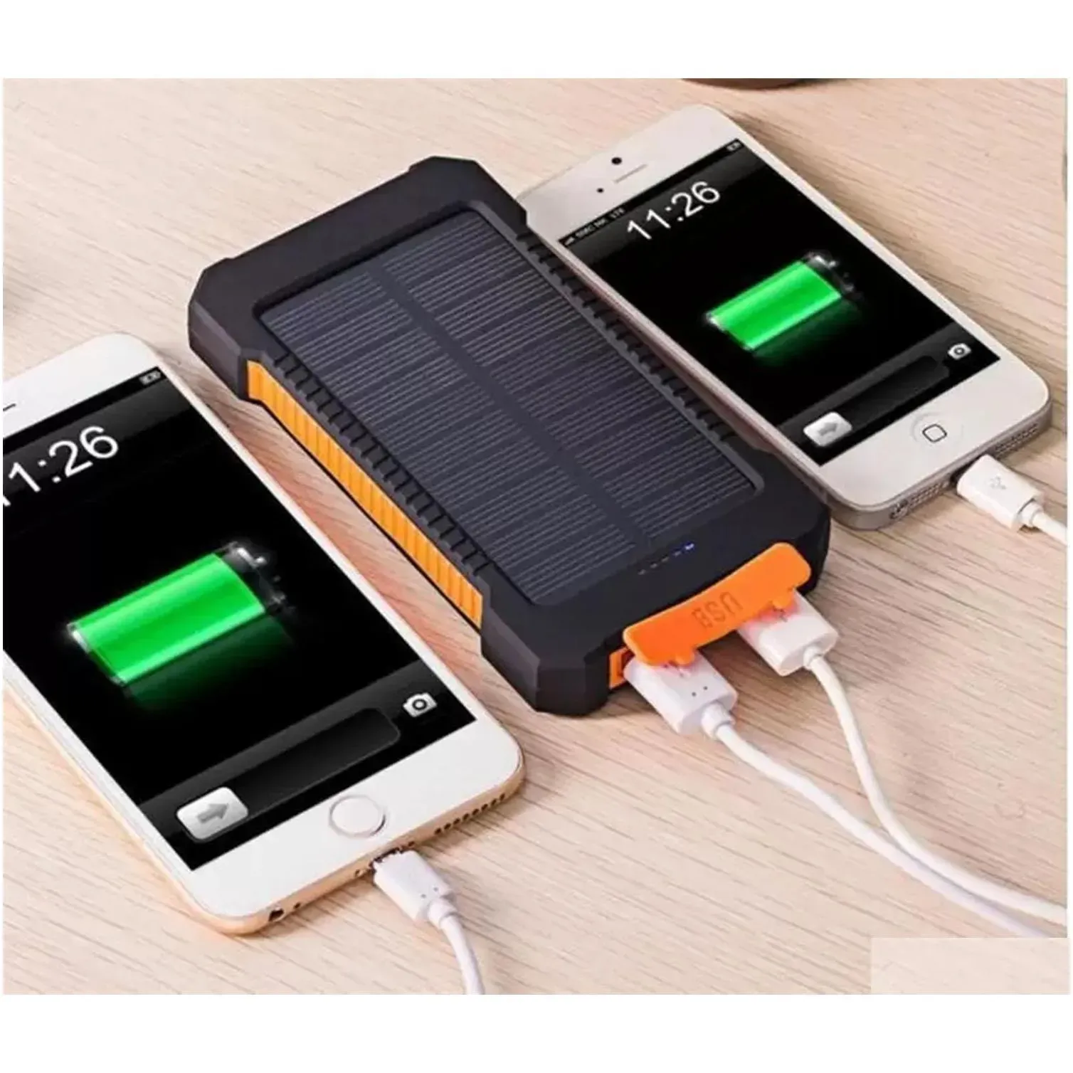 20000mah solar power bank  with led flashlight compass camping lamp double head battery panel waterproof outdoor charging cell