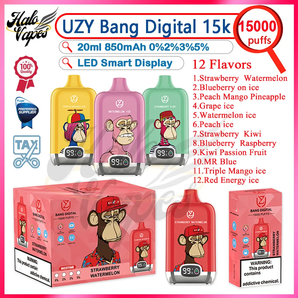Authentique Uzy Bang Digital Puff 15000 Disposable Vape Pen 0% 2% 3% 5% Rangée 20 ml Pod Vaper 850mAh Battelle rechargeable Batte