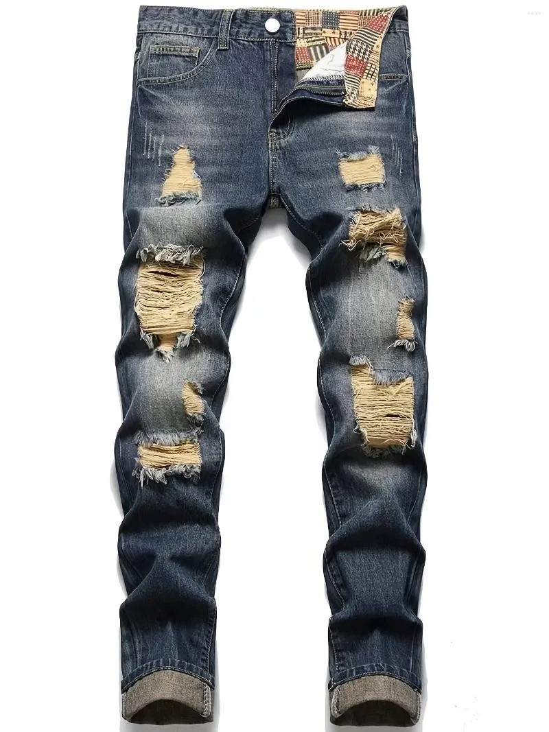 Jeans pour hommes coupe régulière déchiré style de rue décontracté pantalon en denim en détresse pour toutes les saisons