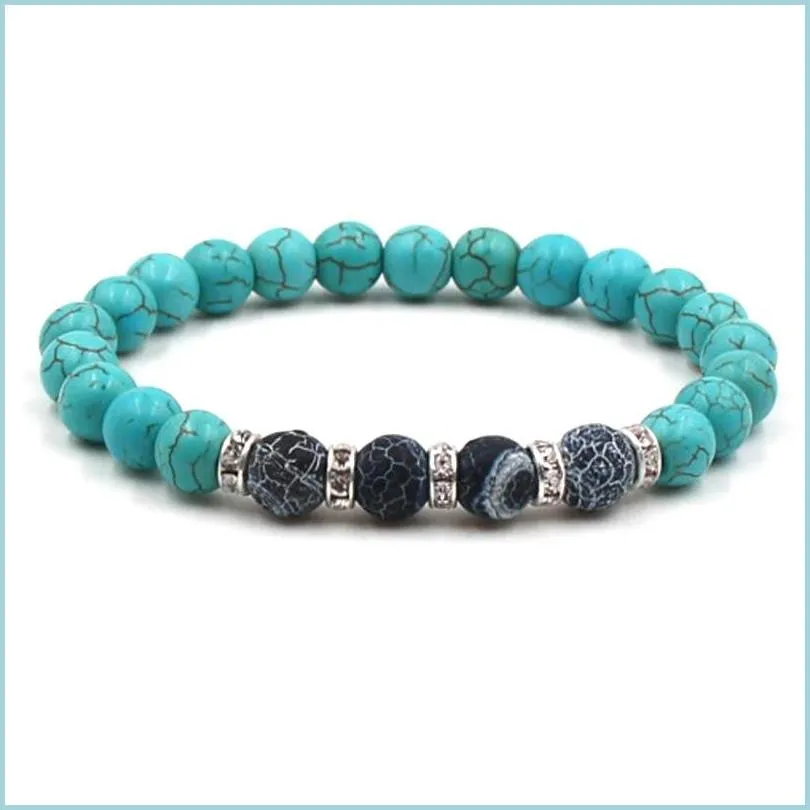 Bracelet en pierre turquoise perlé Oeil de tigre Agate blanche Perle naturelle Bijoux de luxe Hommes Bracelets perlés Drop Livraison Bijoux Bracelets Dhqph