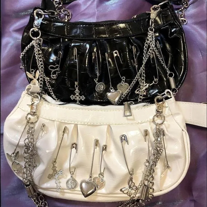 Borse da sera Xiuya Harajuku Goth Borsa da donna 2021 giapponese in metallo stile punk pieghettato Hobo spalla con catena borsa da donna borse 210G