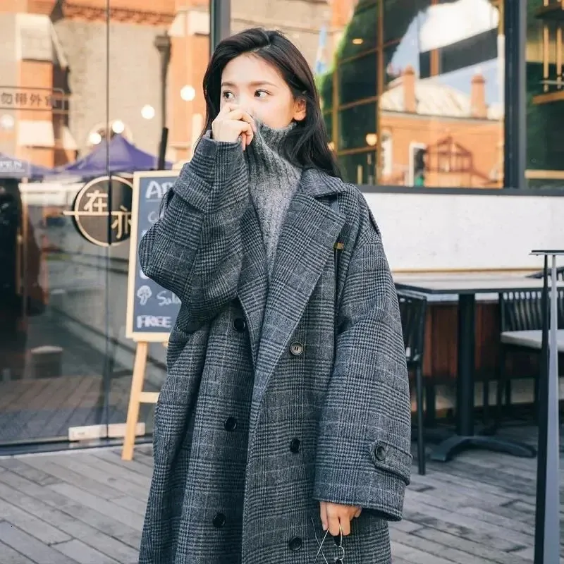 Womens Coats Grey Plaid Trench Coat Plaid Wool Blend Trench Coat For Women  Warm Turn-down Collar Long Winter Overcoat