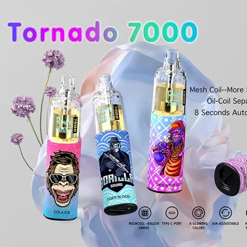 원래 토네이도 vapes 7000 퍼프 14ml 미리 채워진 카트 크리스탈 vape 일회용 RM 1000mAh 배터리 0% 2% 3% 5% 충전식 대 유인물 vape 5000 100000 10K 12000