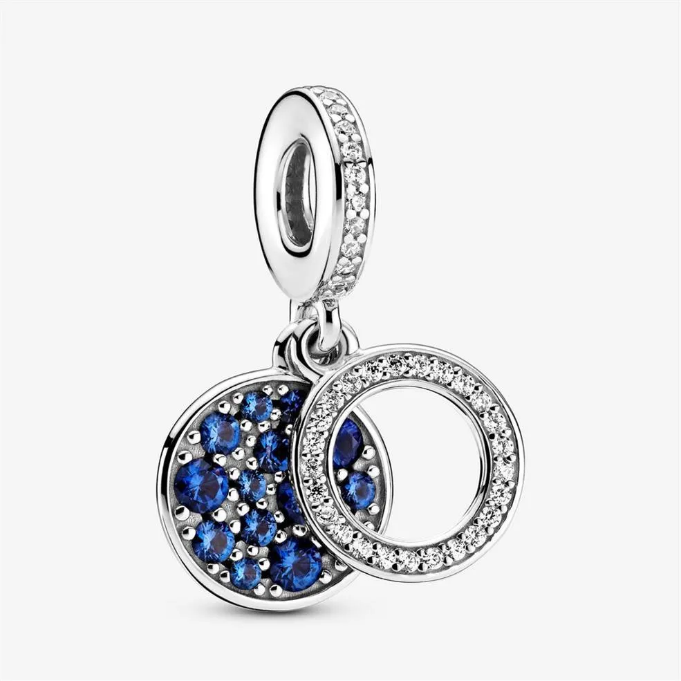 100% 925 Sterling Silver Sparkling Blue Disc Double Dangle Charms Fit Original Europeisk charmarmband Kvinnor Wedding Engag324m