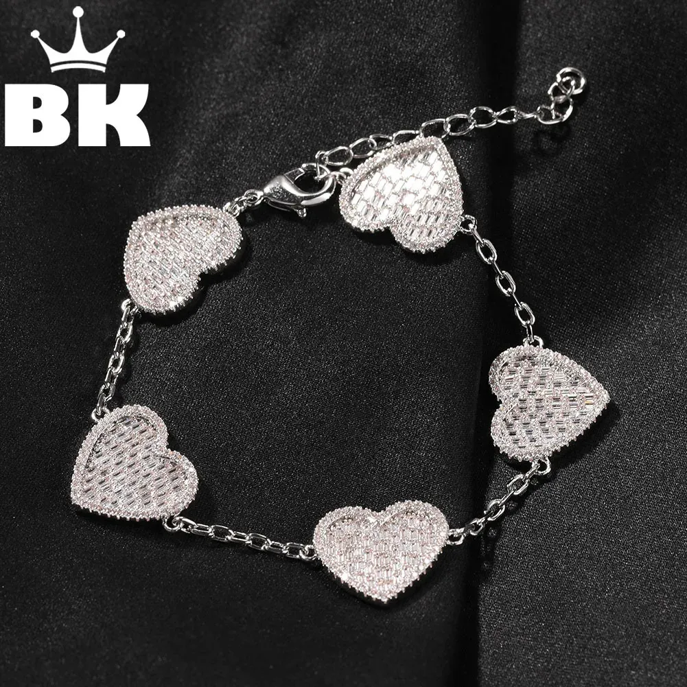 Kedja The Bling King Vintage Fashion Baguette CZ Hjärtarmband för kvinnor som isas ut kubiska zirkon 5 Charms Link Luxury Jewelry 231205