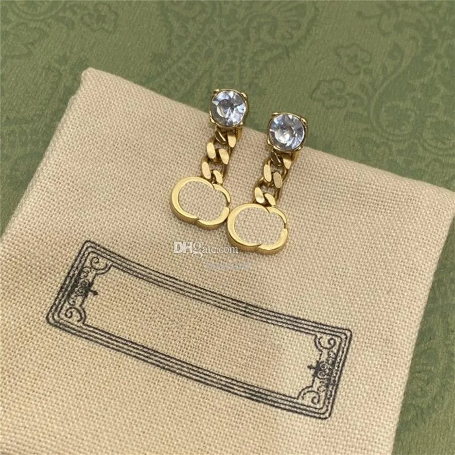 Shiny Chain Crystal Earrings Letters Charm Diamond Studs Designer Dangler Women Long Golden Chains Studs With Box212E