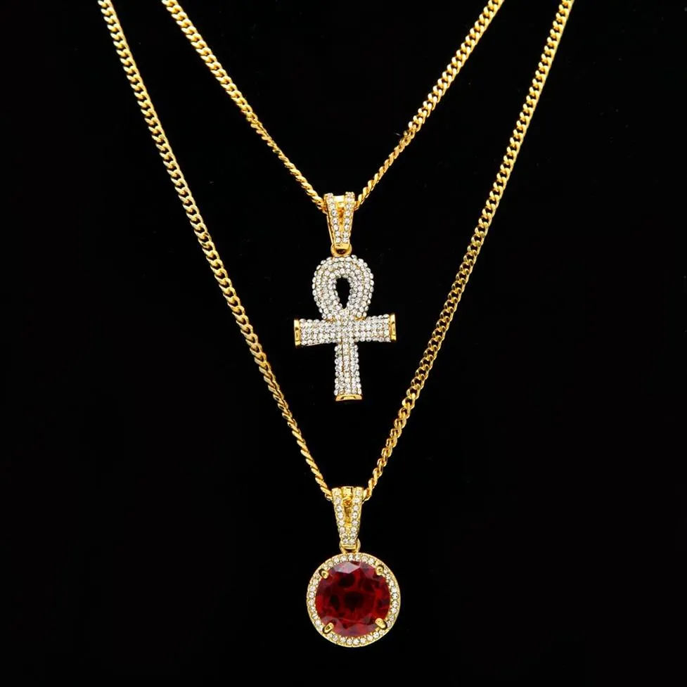 Ankh egípcio chave da vida bling strass cruz pingente com redondo vermelho rubi pingentes colares conjunto masculino hip hop jóias2365