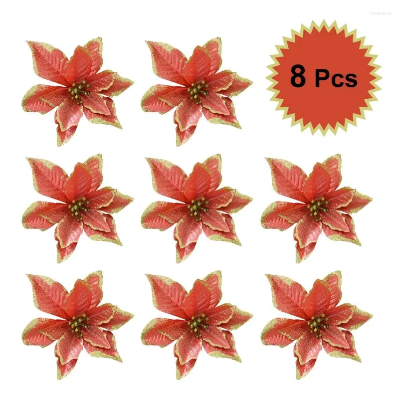 Decorative Flowers 1/ 8/ 10 Christmas Glitter Poinsettia Artificial Ornaments For Tree Year Wedding Party