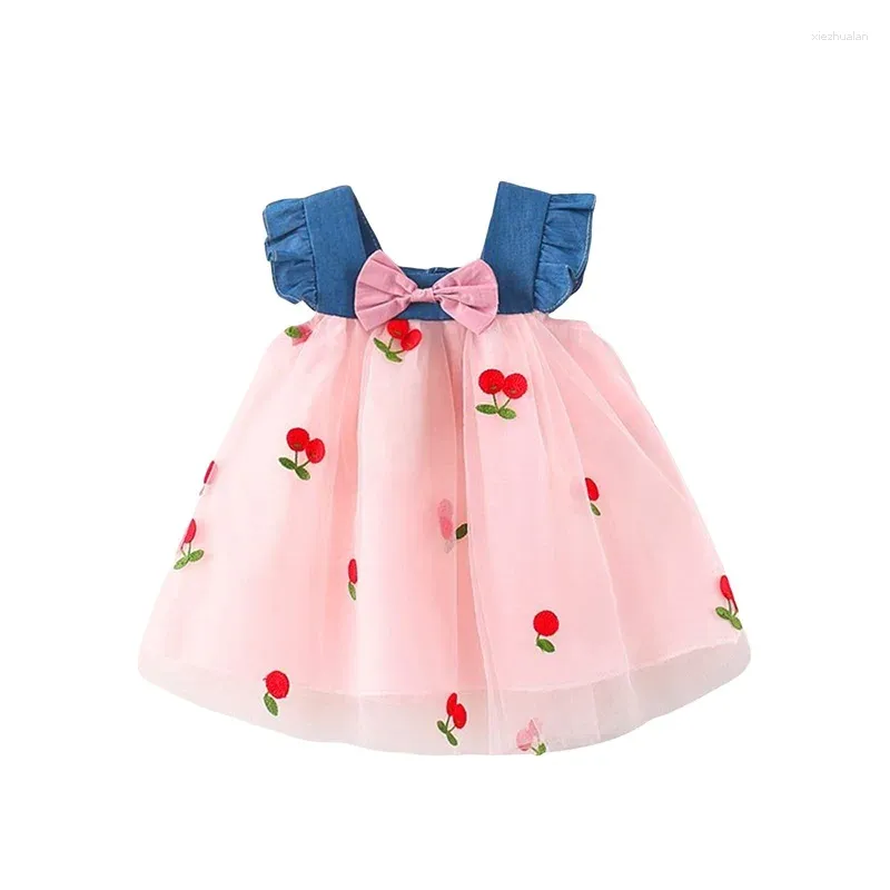 Abiti da ragazza Bmnmsl Infantile Neonate Abito da principessa Ciliegia Ricamo Maglia Patchwork Denim Ruffles Senza maniche Carino Bowknot Tutù di tulle