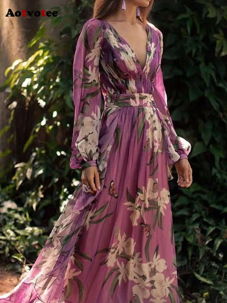 Jolie robe longue imprimée pour femmes, manches, col en V, Vintage, ligne A, décontractée, robe de soirée, nouvelle mode