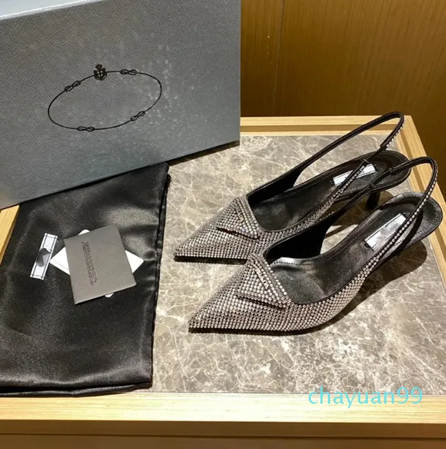 Strass cristal cetim estilingue de volta ponto-toe chunky bloco saltos feminino luxo sola de couro sapatos de festa à noite calçados de fábrica