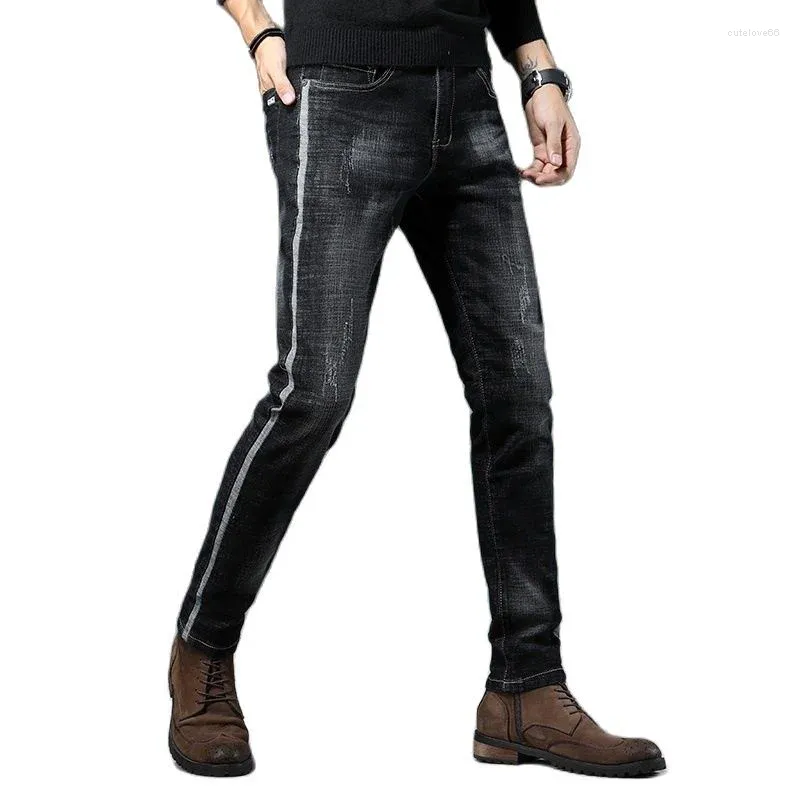 Jeans masculinos 2023 chegada de alta qualidade casual magro elástico preto homens lápis calças skinny arranhado 818