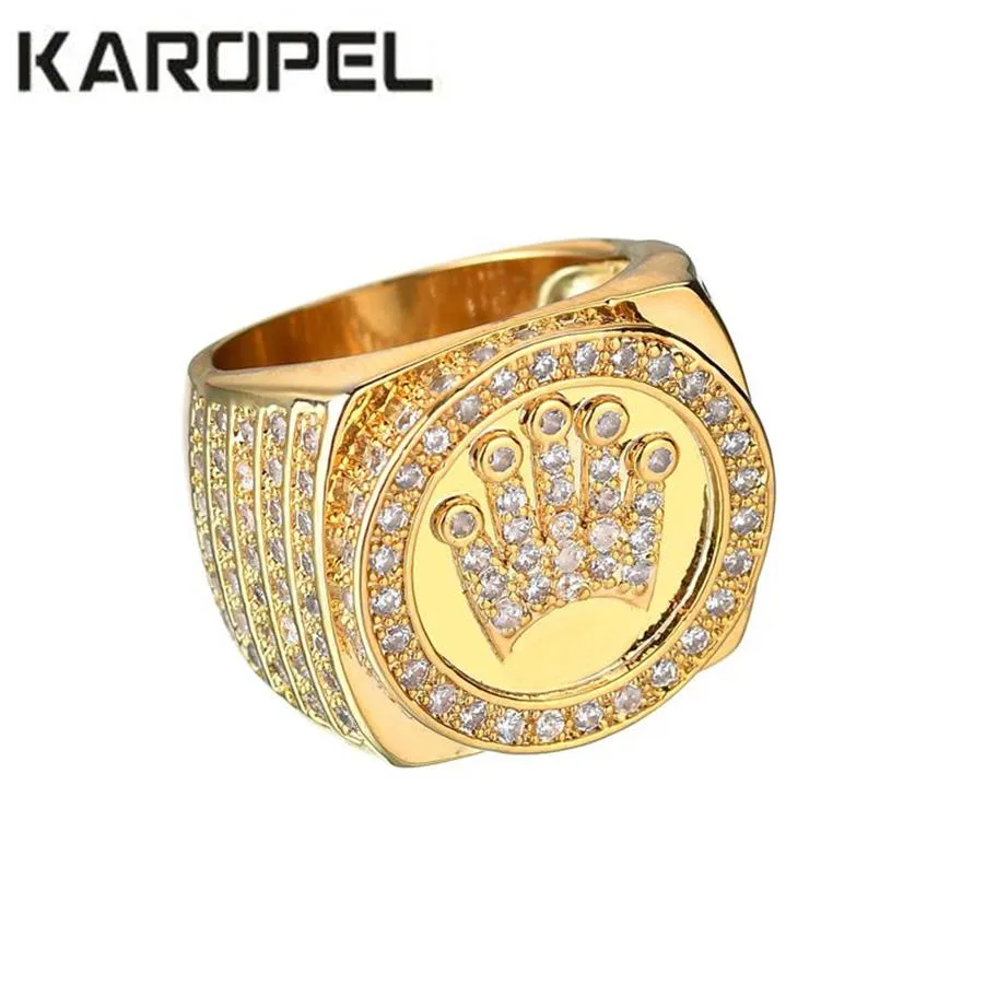 Karopel Hip Hop Bling Gioielli Re Corona Regalo per la festa del papà per gli uomini Bling Bling Micro Pave Cz Anello zircone color oro C19041203293z