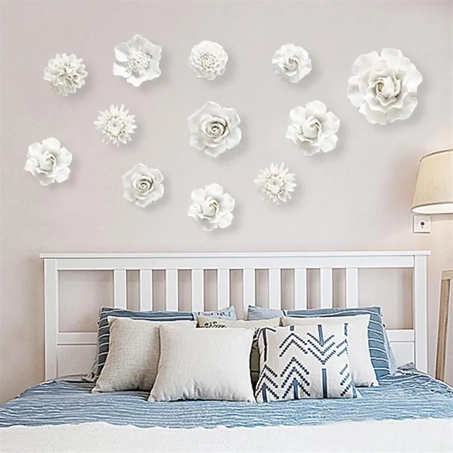 Wall Stickers Modern 3D Ceramic White Flower Sticker Decoration Livingroom TV Background Hanging Crafts El Mural Accessories279o