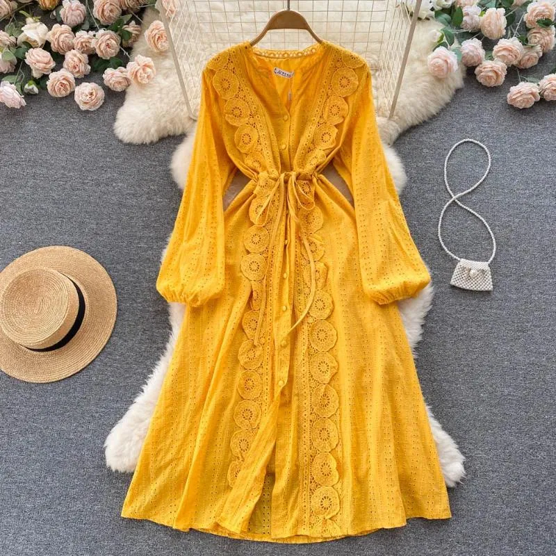 Robes décontractées Chic élégant à lacets manches bouffantes robe à poitrine unique a-ligne taille haute fête de vacances femmes français automne printemps robes