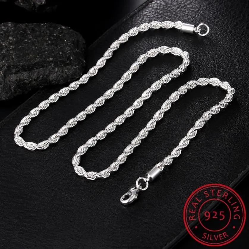 Collar de cadena de cuerda para mujer y hombre, de Plata de Ley 925, 16, 18, 20, 22, 24 pulgadas, 4mm, joyería con abalorio de boda a la moda 268F