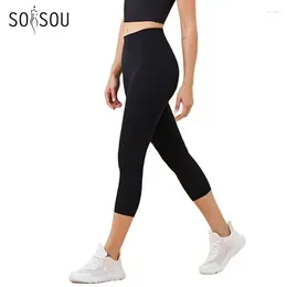Active Pants SOISOU Nylon Yoga Capri Leggings Women`s Gym Sexy High Waist Tight Breathable Elastic Girl Sports 13 Colors
