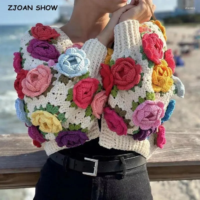 Tricots pour femmes 2023 Automne BOHO Main Crochet 3D Fleur Boule Cardigan Douce Femme Col En V Pleine Lanterne Manches Tricot Pull Tricots Jumper