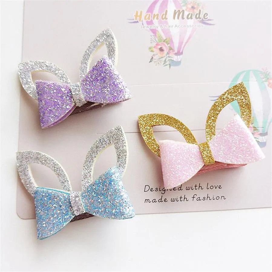 24pc lot Glitter Felt Gold Leather Baby Girls Hair Clip Silver Rabbit Ears Hair Barrette Cute Animal Princess Hair Ties Hairband2570