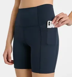 LuLu lemons Spring and summer new multi panel side pocket sports quarter pants women`s high waist hip lifting elastic tight Fitness Yoga shorts