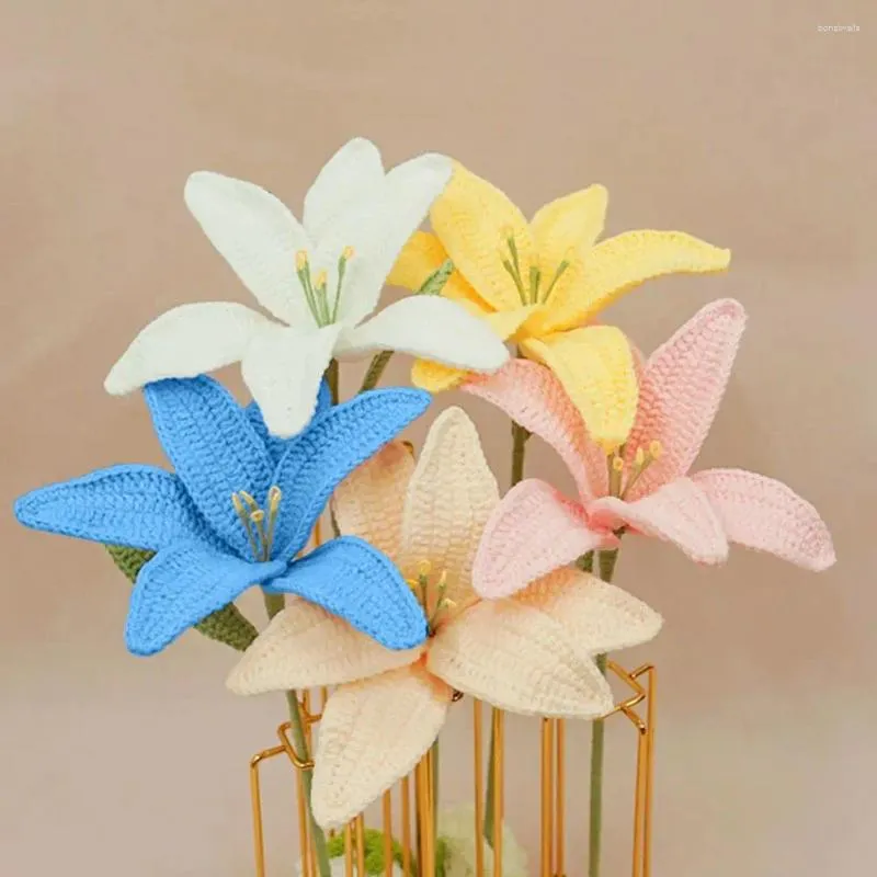 Flores decorativas quente aconchegante crochê trançado para decoração de casa vibrante buquê de lírio de malha à mão realista diy