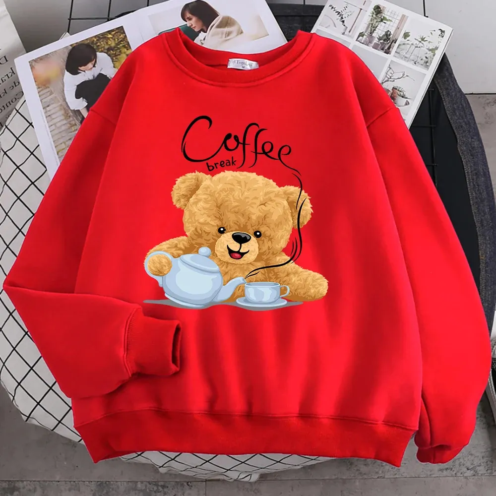 Sweats à capuche pour femmes Rue décontracté vêtements de sport pour femmes pause café ours en peluche faisant du café sweat à capuche imprimé cordon de serrage ample et doux pull à col rond 231205