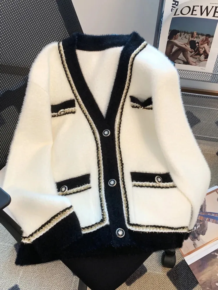 Женские свитера осень-зима кашемировый свитер Женская корейская мода с V-образным вырезом в стиле пэчворк Черный или белый кардиган Свободная верхняя одежда Топы 231204