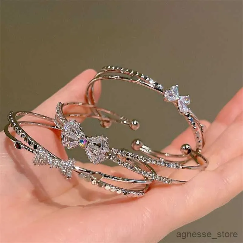 Bangle New Fashion Luxury Sweet Bow Zircon Silver Color Copper Open Bracelets for Women Shiny Full of Rhinestone Jewelry Party Gift R231205