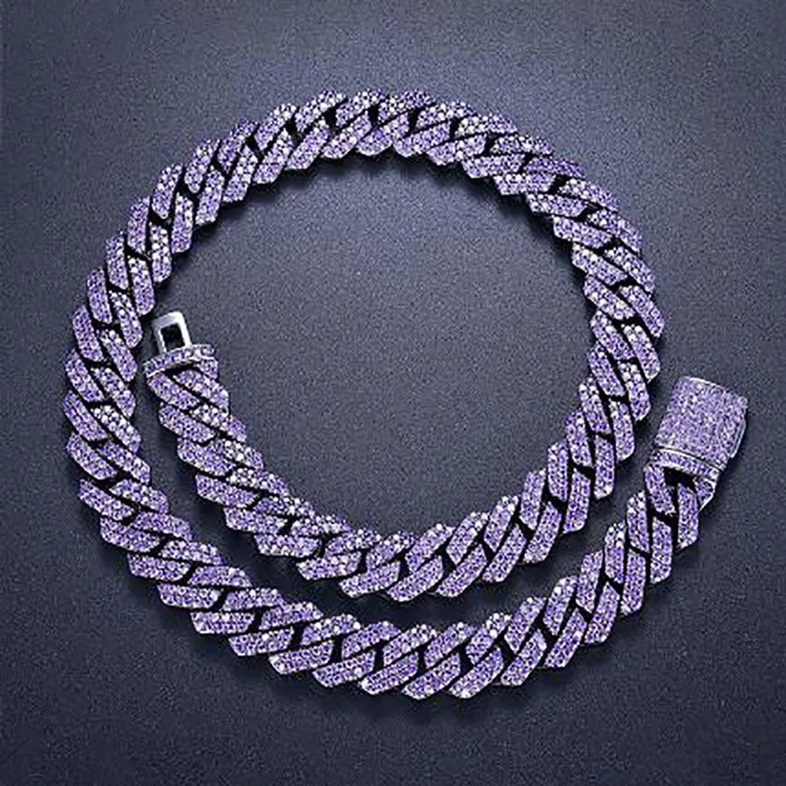 15mm Iced Cuban Link Prong Chain 2 Row Purple CZ Diamond Cubic Zirconia Hiphop Jewelry 16inch-24inch Choker Necklace230j