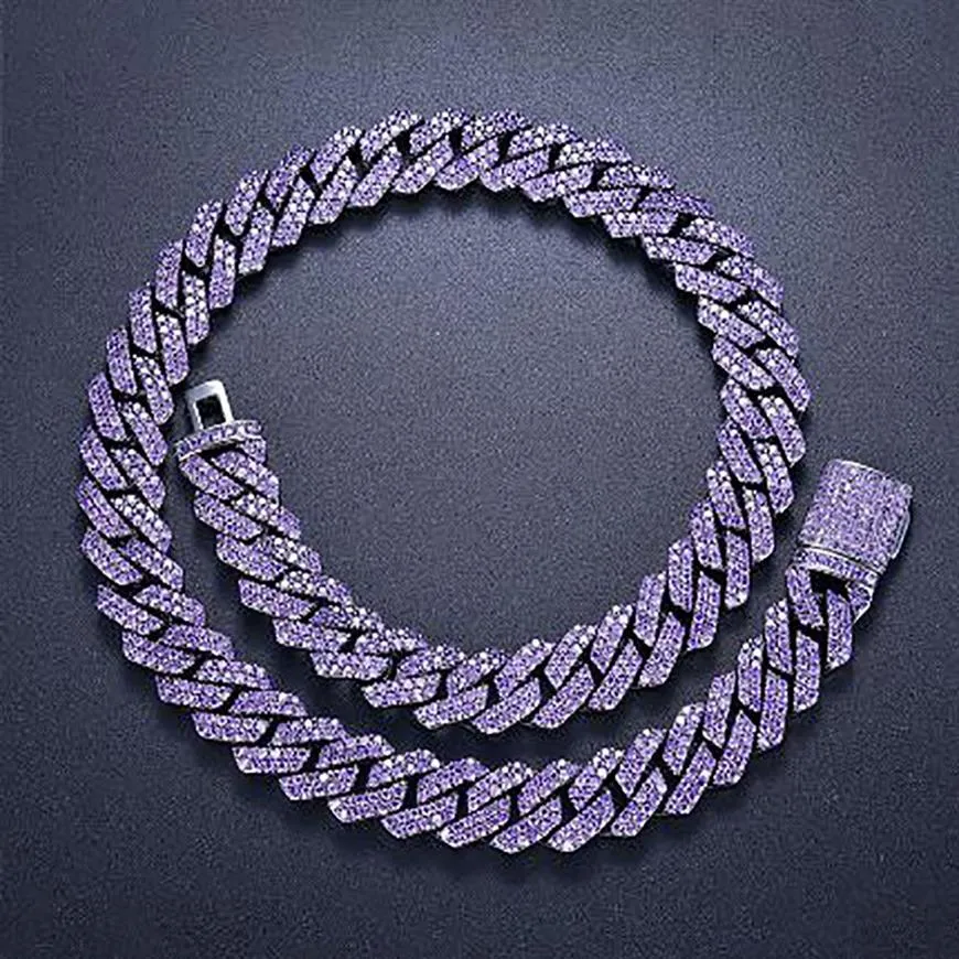 15 mm Iced Cuban Link Zinkenkette, 2 Reihen, lila CZ-Diamant, Zirkonia, Hiphop-Schmuck, 16-24-Zoll-Choker-Halskette230j