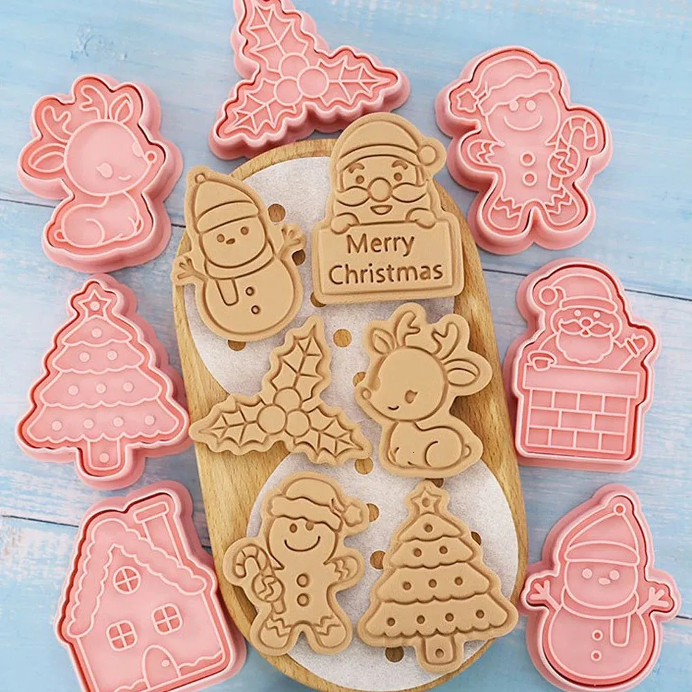 Backformen 8 teile/satz Weihnachten Keksform Santa Schneemann Baum Elch Niedlichen Muster Keks Stempel Druck Fondant Sugarcraft Backwerkzeuge 231205