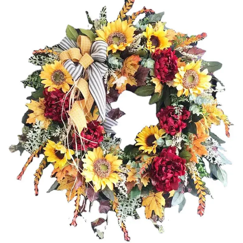 Flores decorativas grinaldas 40cm grinalda de girassol país francês falso flor sinal de boas-vindas guirlanda artificial pendurado decoração da porta da frente para festa em casa 231205