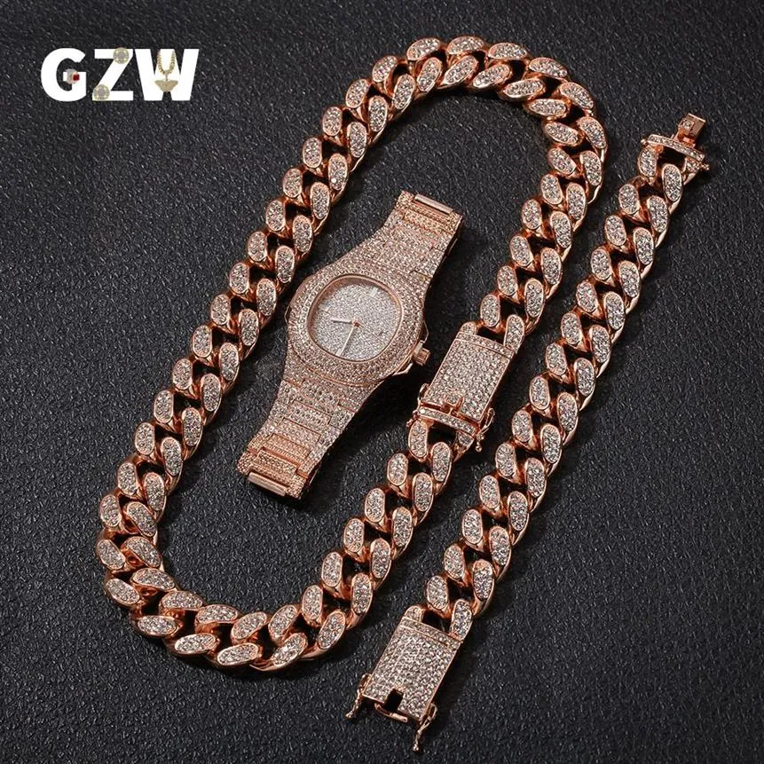 Nouvelle mode personnalisée 20mm or Blingbling hommes chaîne à maillons cubains collier bracelet montre ensemble hip hop rappeur bijoux cadeaux pour M317o