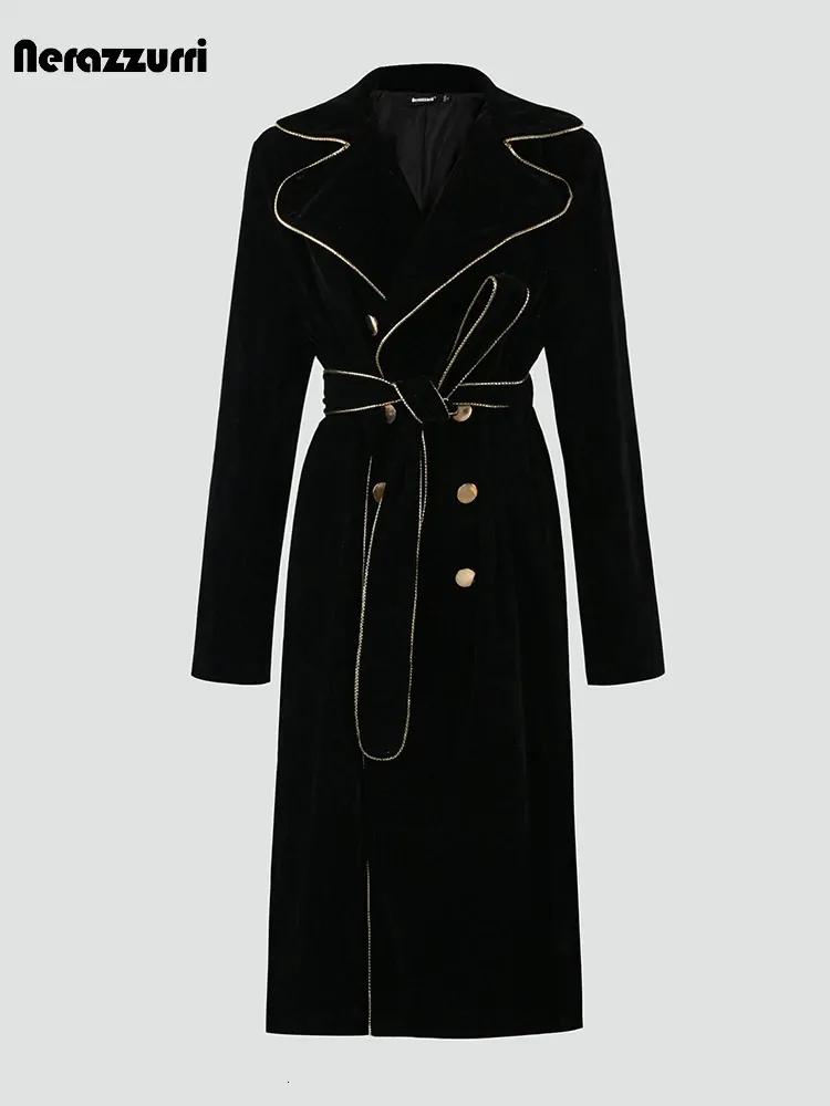 Dames Trench Coats Nerazzurri Autumn Long Luxury Elegant Chic Black Velvet Coat Women Sashes Double Breasted Plus Size luxe designer kleding 231204