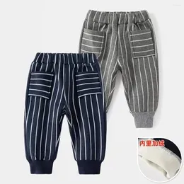 Trousers Velvet Insulated Children`s Sports Pants Striped Cotton Elastic Leather Band Patch Pockets Boys`