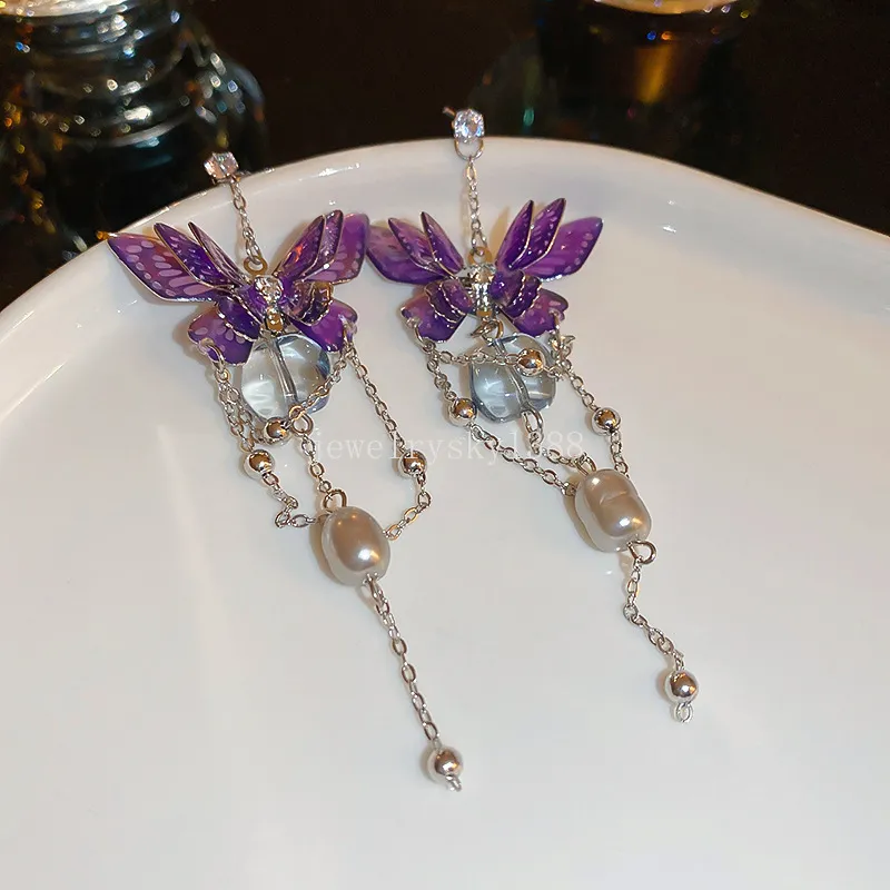 韓国の紫色の蝶淡水真珠タッセルイヤリング