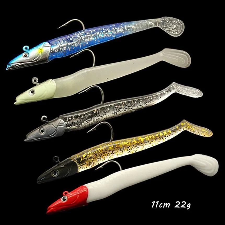 5 couleurs mélangées 110mm 22g gabarits appâts souples leurres hameçons de pêche crochet unique hameçons 3D yeux Pesca accessoires de matériel C-003187W