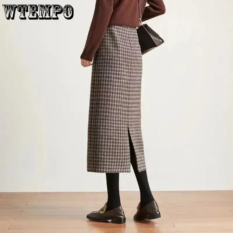 Gonne WTEMPO Classico Plaid Midi Donna Autunno Vintage Elegante Ufficio Signore Dietro Lo Spacco Progettato Allmatch Harajuku Moda 231204