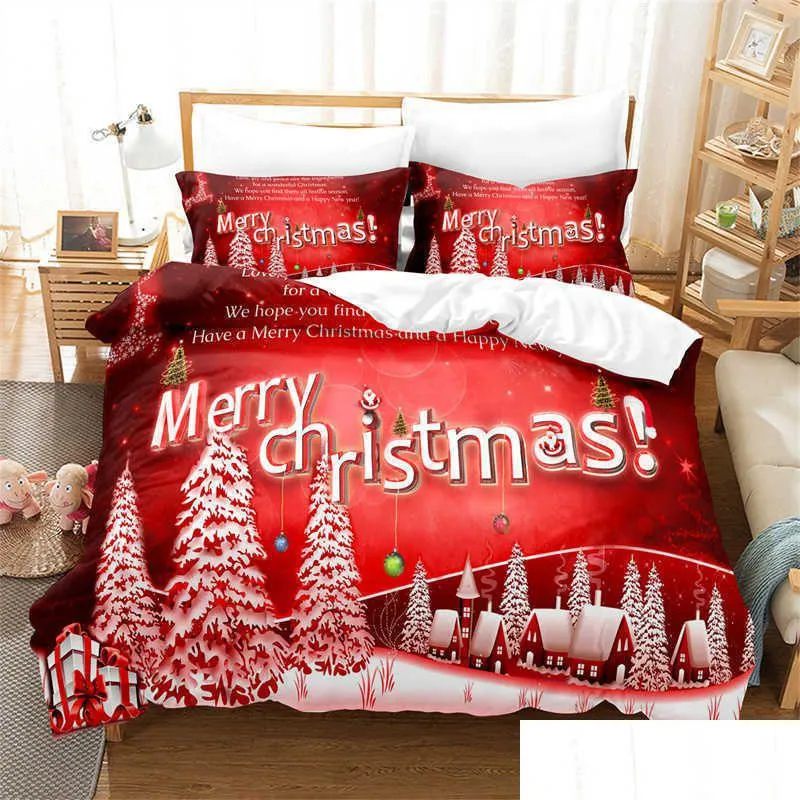 Ensembles de literie Ensembles de literie Rouge Joyeux Noël Ensemble de chambre à coucher Couvre-lit doux Couette à la mode et confortable Housse de couette L221025 Drop Dh7Uh