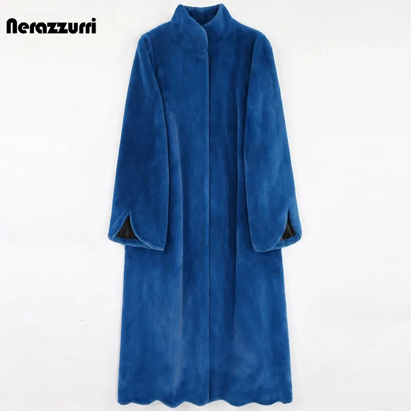 Women's Fur Faux Fur Nerazzurri Winter Long Blue Warm Thick Fluffy Faux Fur Coat Women Scallop Hem A Line Black Korean Fashion Outerwear 5xl 6xl 7xl 231204