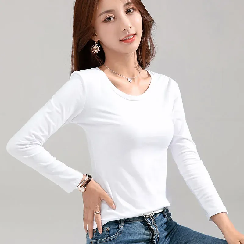 2023 nova feminina grande em torno do pescoço manga longa camiseta magro puro algodão 95% camiseta feminina para o sexo feminino fino branco topos mulher camisetas camisa