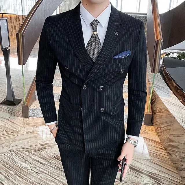 Mens Striped Double Breasted Suit: Formal Wedding Tuxedo