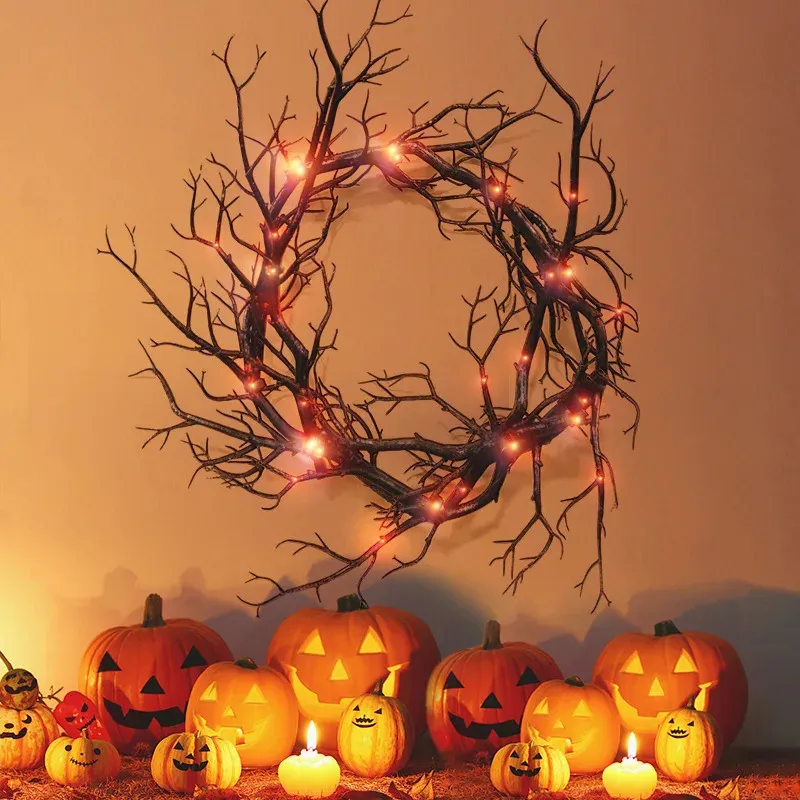 Couronnes de fleurs décoratives Simulation de couronne d'Halloween Branche noire avec lumière LED rouge 42CM pour portes Décoration de guirlande de fleurs 231205